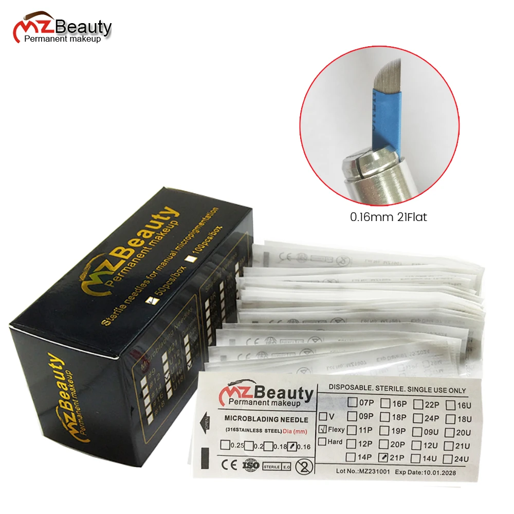 0.16MM 21F Microblading Needles Tebori Tattoo Blades 21 Pins For Manual Pen With LOT NO. Exp Date Microblades 21 Flat  Agulhas