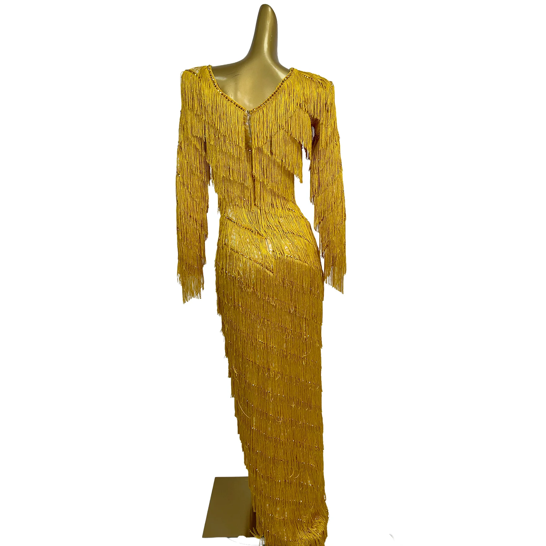 

Titian Luxury Gold Fringe Maxi Dress for Formal Events Prom Red Carpet Pageant Celebrity Party Wedding Bridal Gown Evening Wear