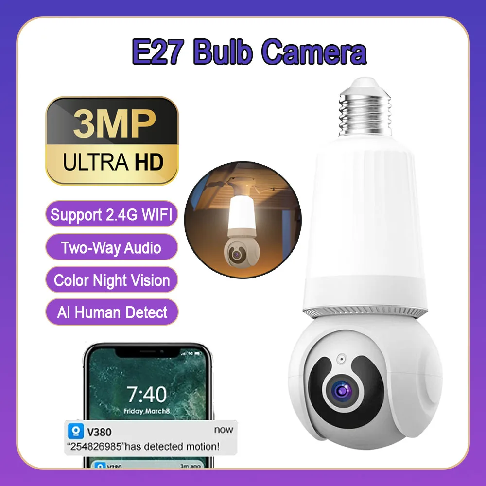 smart security surveillance cctv camera visao noturna audio bidirecional rastreamento ptz wi fi lampada e27 3mp 24g v380 pro 01