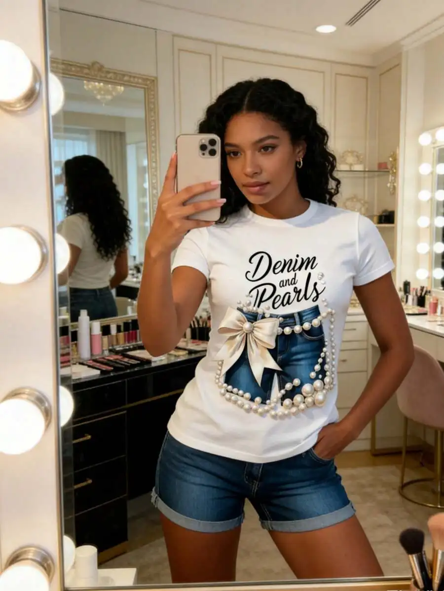 

White Womens Round Neck Tee Featuring Denim Pocket Print With Pearl Embellishments And Satin Bow, Casual Summer Short Sleeve