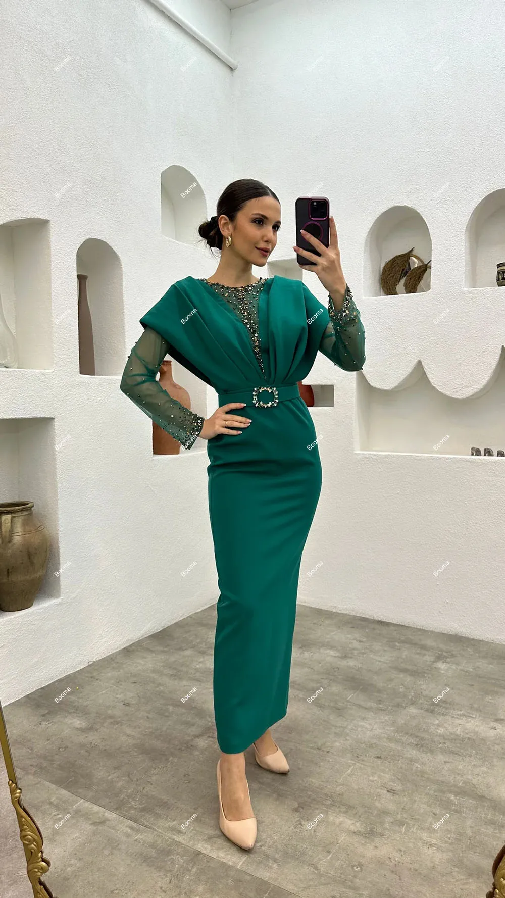 Booma Mermaid Evening Dresses Long Sleeves Belt Sequins Formal Occasion Dress Ankle Length Party Prom Gowns Outfits for Women