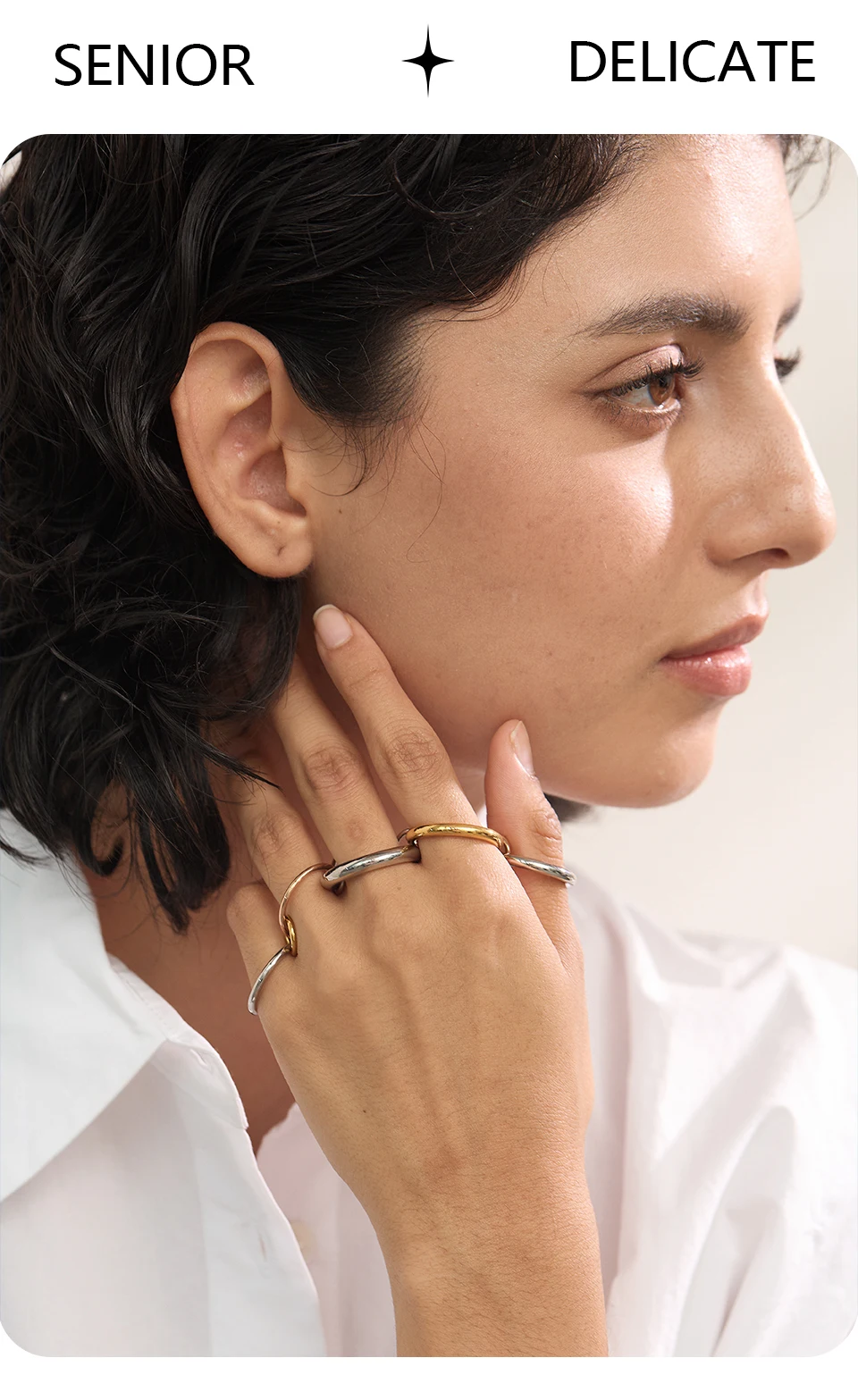 Yhpup Edelstahl, 3 Farben, 5 Glieder, gestapelte Ringe, PVD-Schmuck, echt vergoldet, für Damen – Detail 2