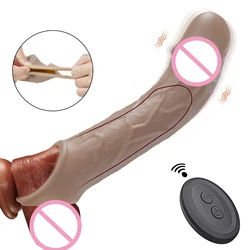 Remote Control Vibrating Penis Extension Sleeve Ejaculation Delay Penis Extender Reusable Silicone G-Spot Stimulator for Couples