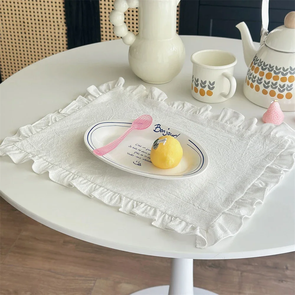 French Vintage Placemat White Brown Ruffled Dustproof Cover Towel Coffee Table Mat Kitchen Supplies Baking Food Napkin Mat