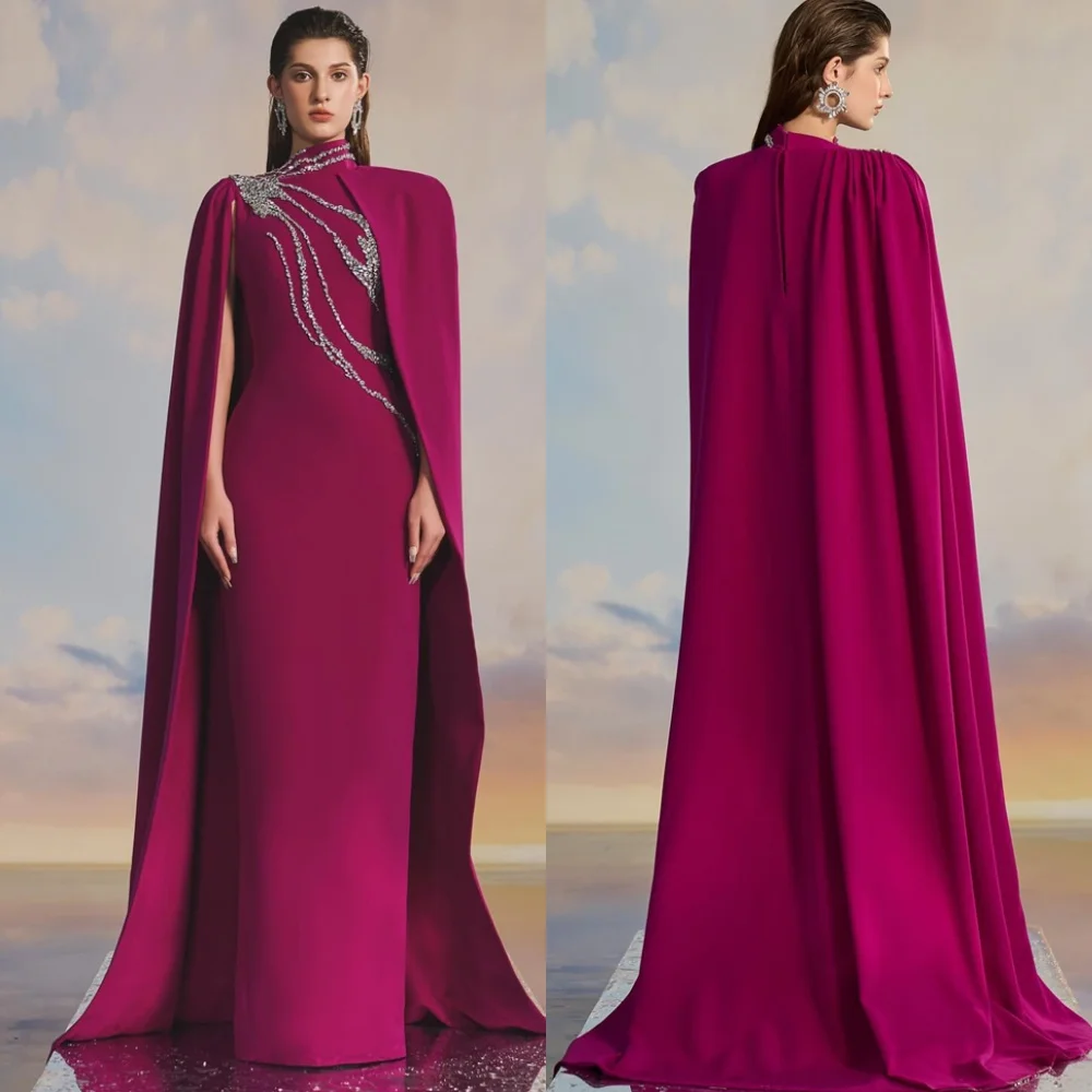 

Customized Delicate Rose red Jersey Evening Dress Classic High Neckline Shawl Buttons Back Mermaid Beading Homecoming Dress