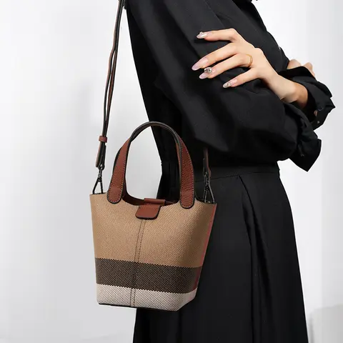 New Mini Plaid Canvas Cowhide Tote Bag Women Lightweight Portable Top Handle Small Daily Handbag For Shopping