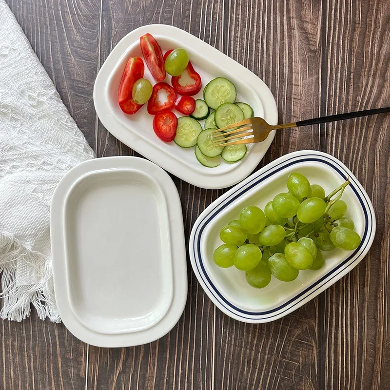 Simple Home Use Ceramic White Porcelain Dish Rectangular Bread Steamed Rice Fruit Dessert Plate China Dinnerware Kitchenware