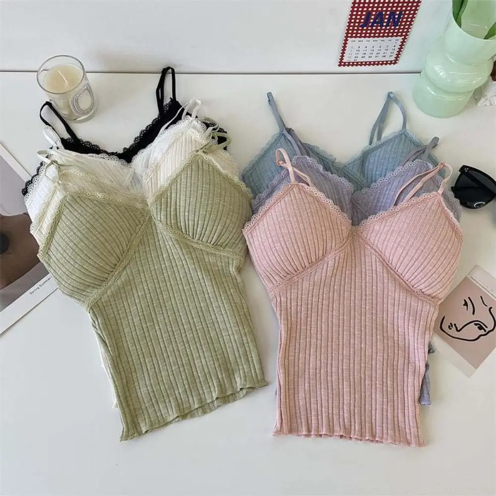 

Fashion Sleeveless Lace V-neck Camisole Vest Sweet Slim Crop Top Women Korean Style Undershirt Bra with Pads Camisole Summer