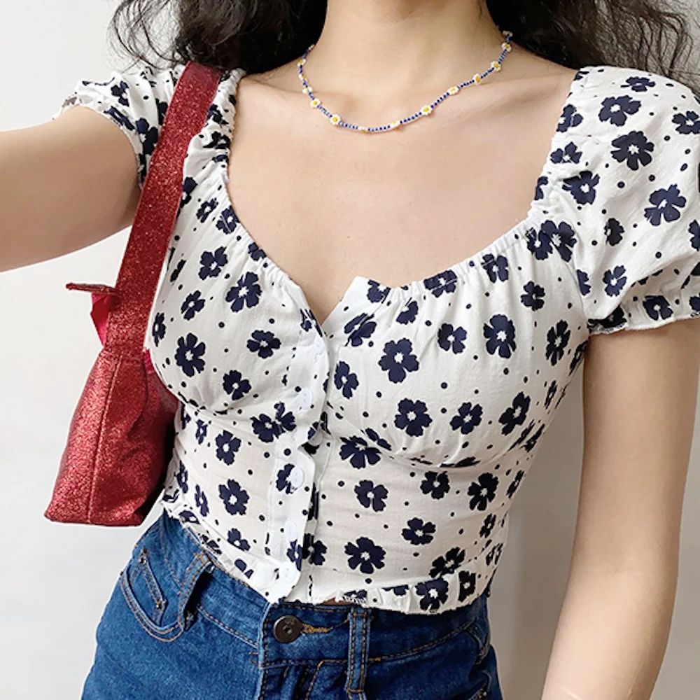 Cotton Sexy Plus Size Women's Square Neck Unique Off-Shoulder Short Bubble Sleeve Floral Shirt Top Buttoned Slim Fit Blouse