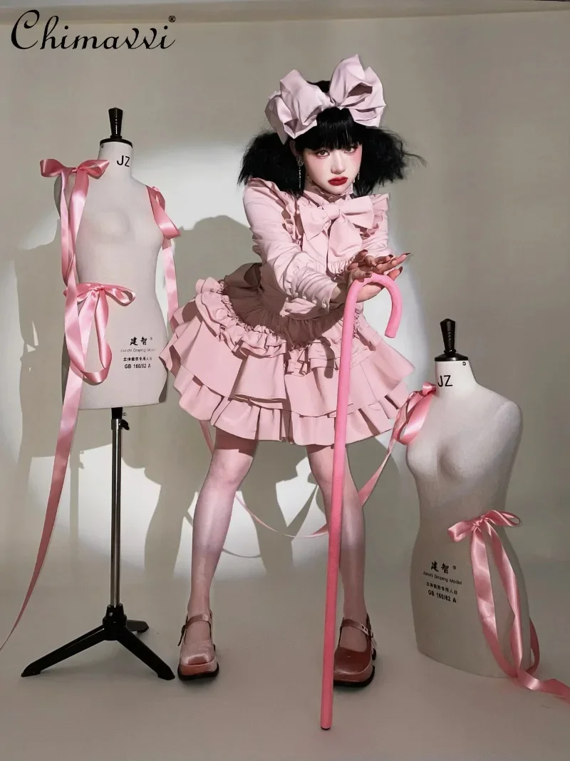 مجموعات تنورة لوليتا 2025 الربيع والخريف جديد القوطية عيد الميلاد ثقافة فرعية فتاة طويلة الأكمام القوس الكبير قميص عالية الخصر Sk كعكة تنورة