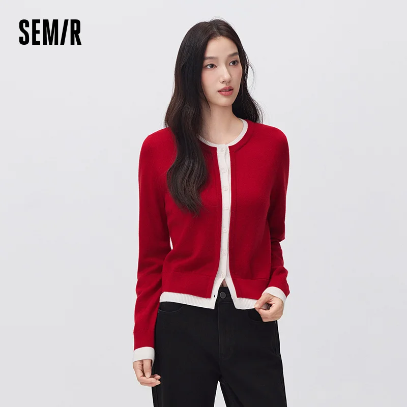 Semir Women Knit Cardigan Cropped Wool Blend Color Block Crew Neck Layered Look Regular Shoulder 2026 New Winter Daily Wear