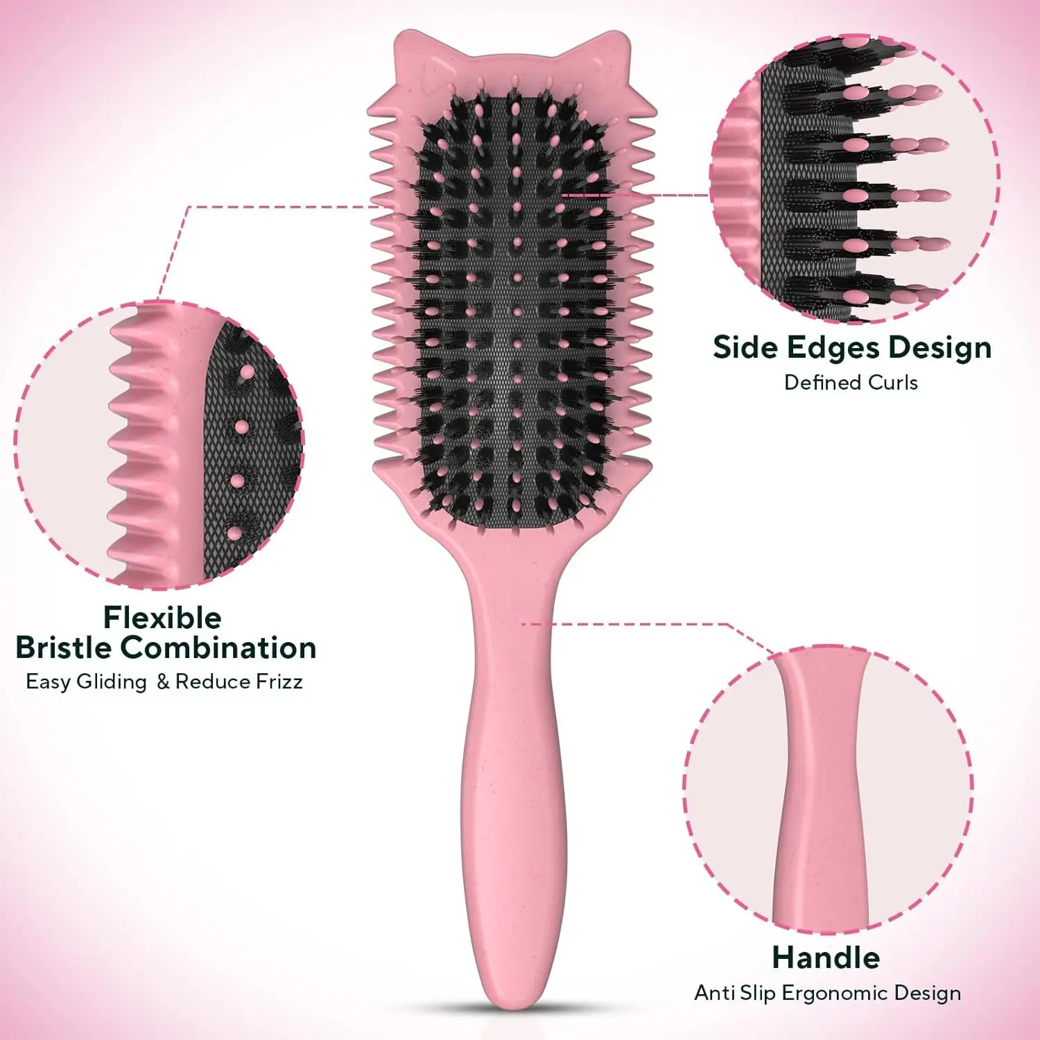 Curl Defining Brush for All Hair Types, Detangles and Enhances Natural Curls with Fun Cat Design, Pink