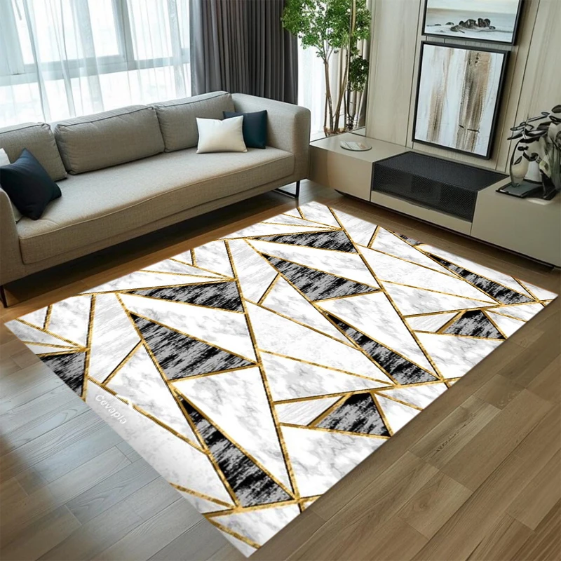 Marble Geometric Area Rug Gold Line Print Carpet Non-Slip Soft Floor Mat Modern Living Room Bedroom Luxury Style Home Decoration