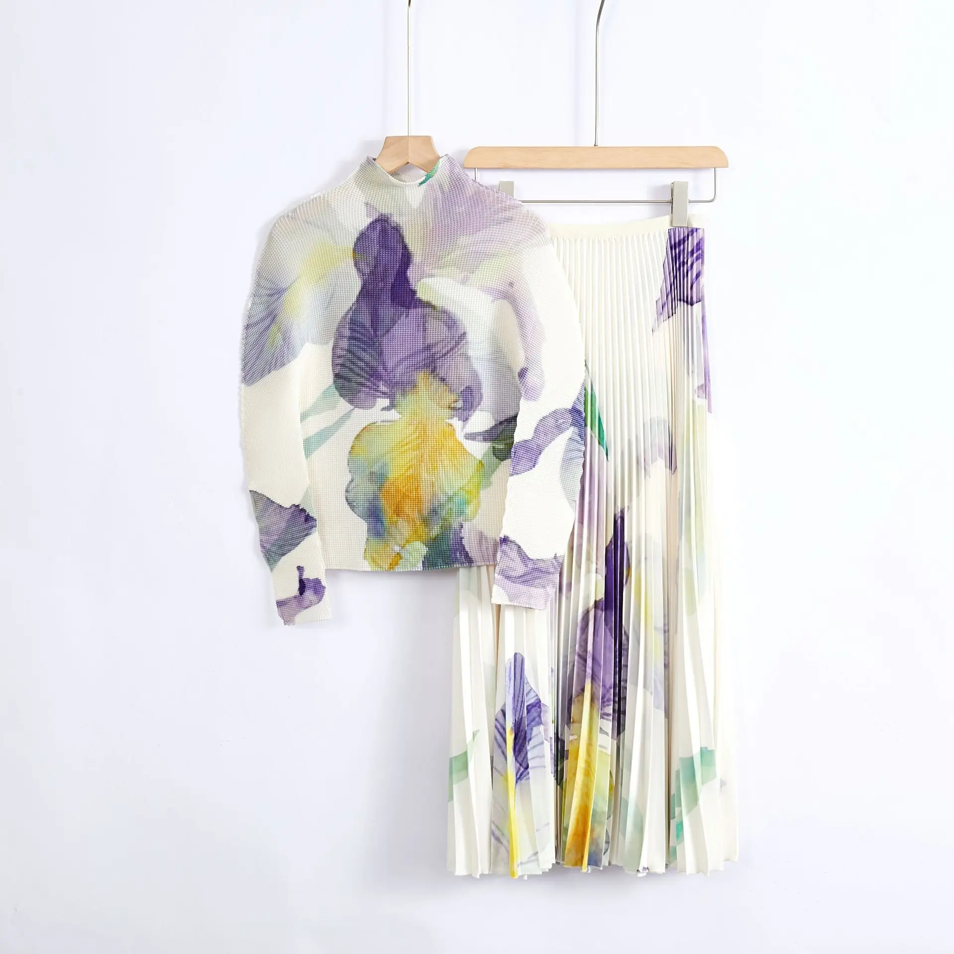 Miyake Plissee Blumen rock Anzug Damen Stretch Pullover Tops hohe Taille Blumen druck Rock Urlaub Landebahn zweiteilig Set