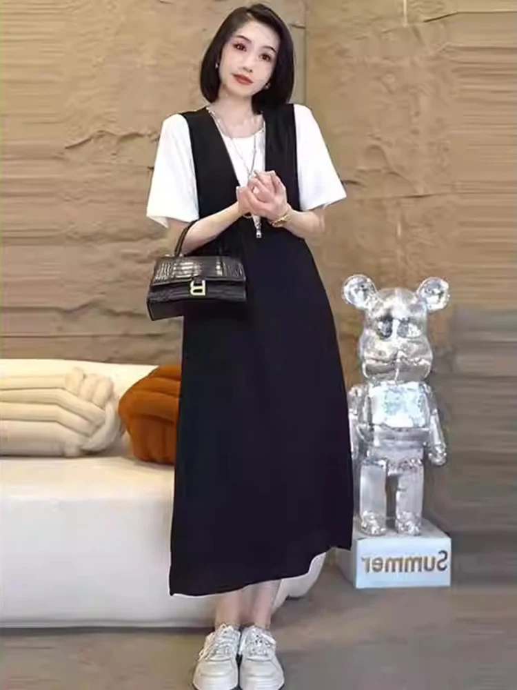 플러스 사이즈 여름 캐주얼 루즈 티셔츠 드레스, 살을 가려주는 A라인 스커트, 하이웨이스트 지퍼 슬레, 출퇴근 패션