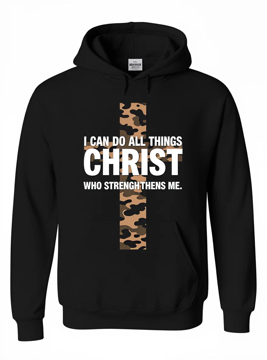 

Филиппийцам 4:13 Мужская христианская толстовка с капюшоном, крест с коровьим принтом, «Я могу сделать все вещи», коричневый/бежевый