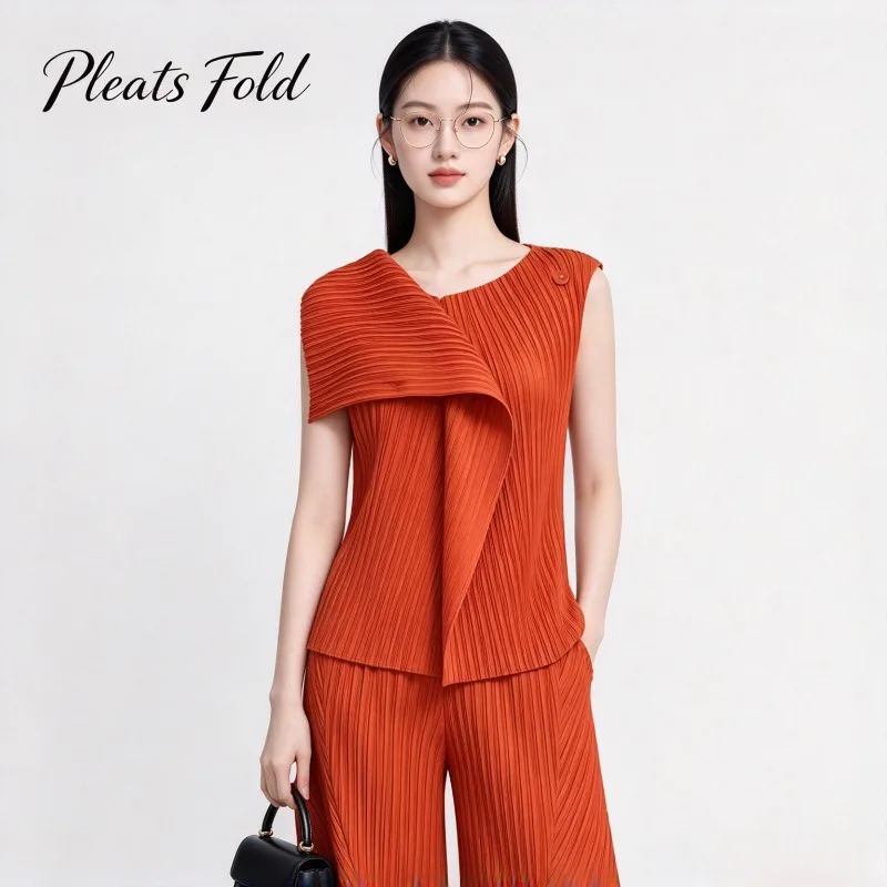 Miyake Pleated 2026 New Spring Summer Asymmetric Collar Sleeveless Vest Design Sense Niche Solid Color Pleated Tank Top T-Shirt
