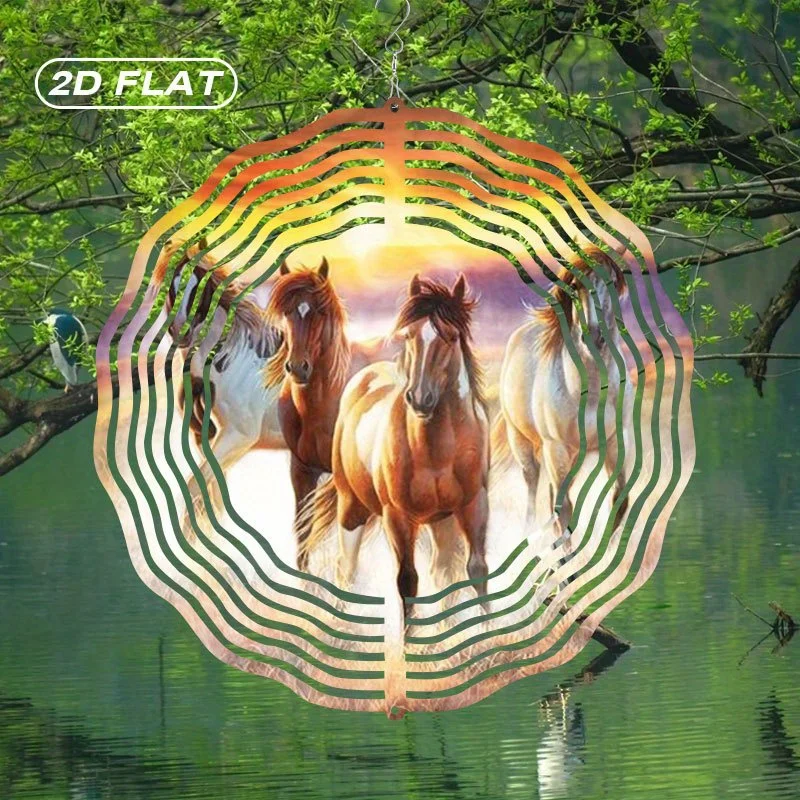 2D Flat, Bohemian Metal Running Horses Wind Spinner Suncatcher - Wall-Mounted Stained Glass Wind Chime with 3 Galloping Horses