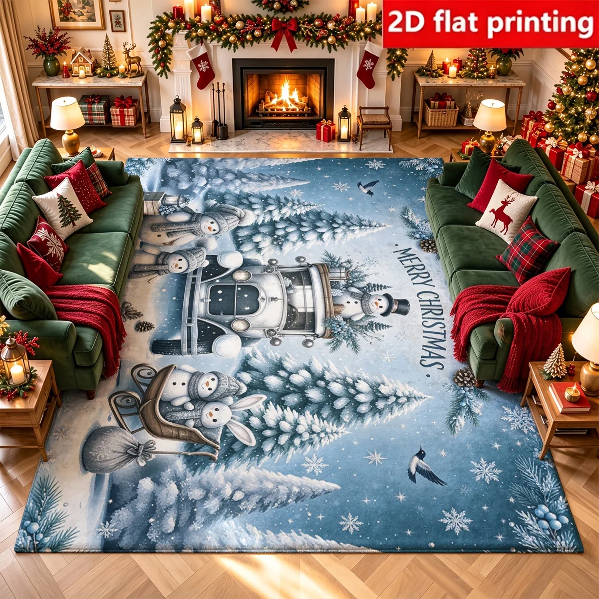 Blue Vintage Truck Christmas Area Rug Snowman Rabbit Bird Snowy Pine Tree Print Large Floor Mat Merry Christmas Decor Carpet
