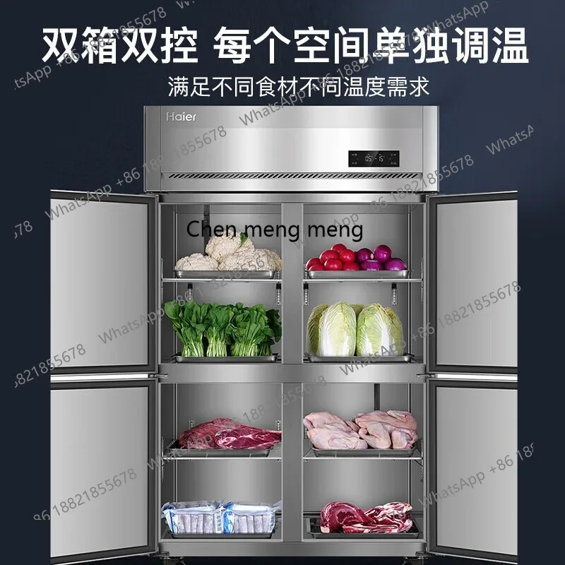 Lemari Pendingin Komersial Hotel, Kulkas Vertikal Empat Pintu, Pendingin Dua Suhu, Freezer Stainless Steel