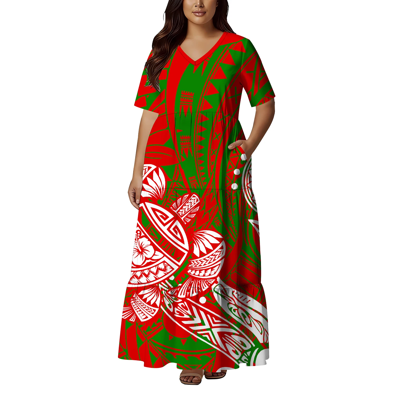 High-Quality Pocket Design Ladies' Loose Elegant And Simple V-Neck Slimming Dress Polynesian Custom Tribal Pattern Design
