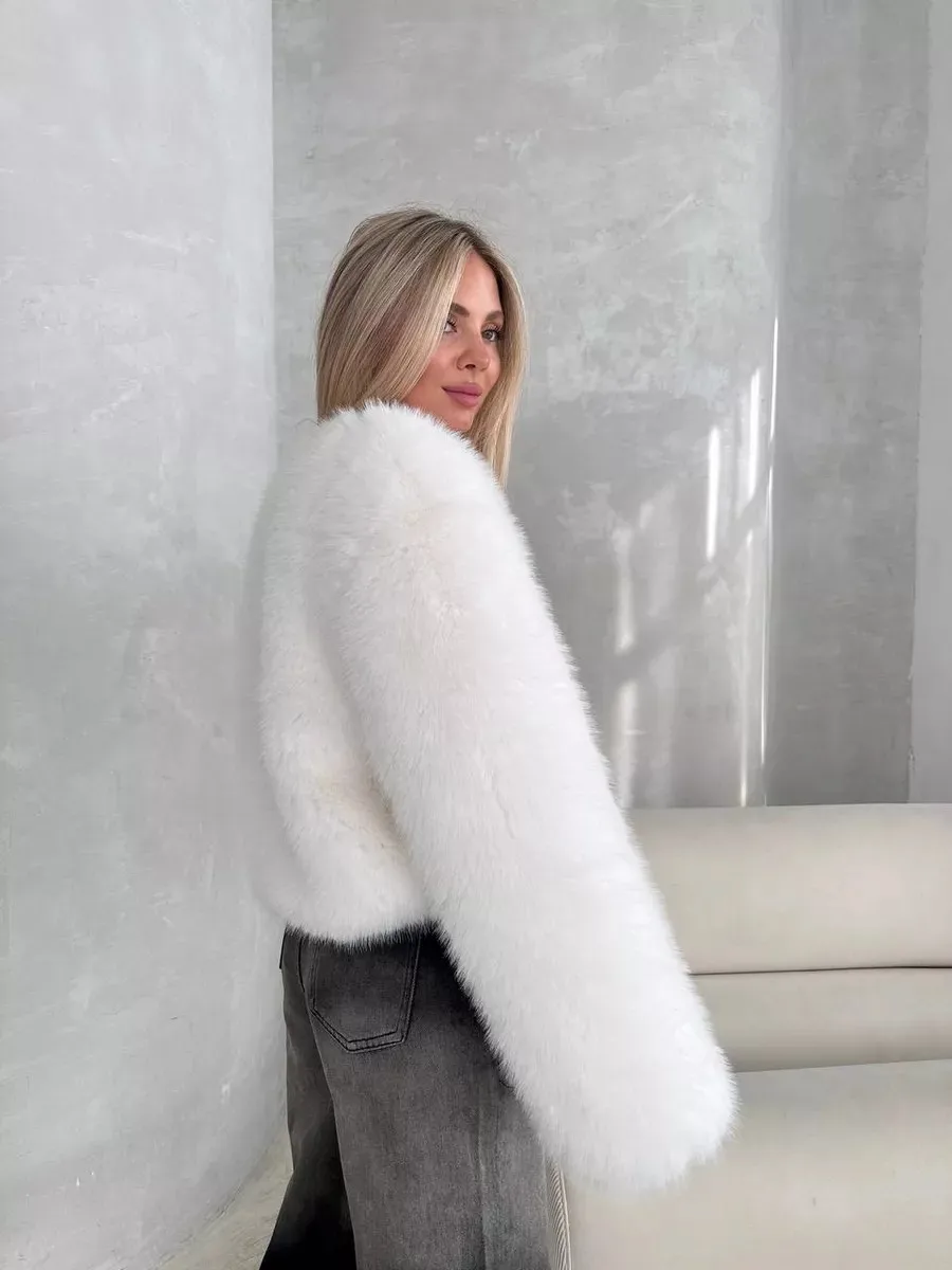 Women Faux Fur Coats Solid Short Jackets Long Sleeve Round Neck Open Stitch Thick Straight Fit Elegant Casual 2026 Autumn Winter
