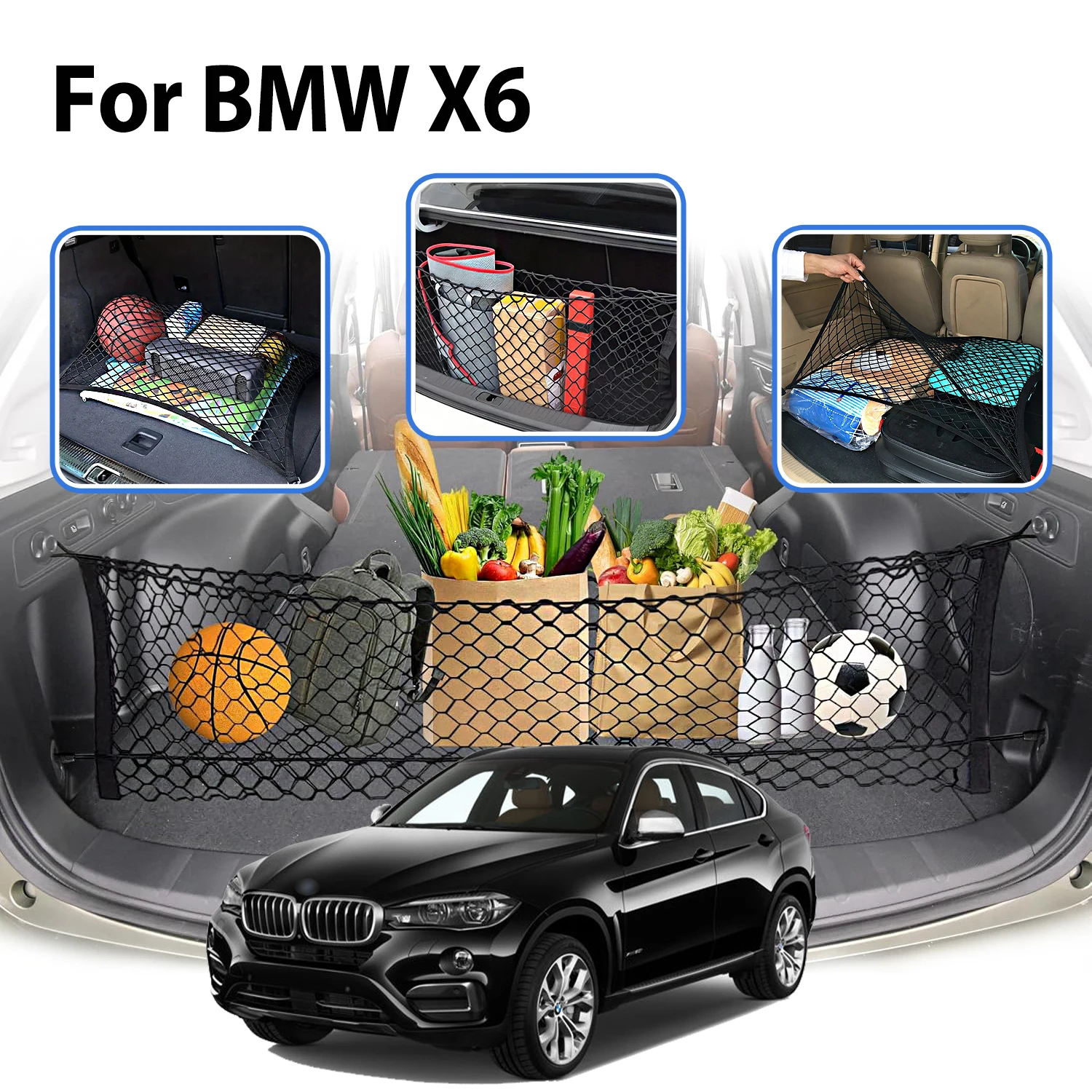 

Car Cargo Net Stretchable,Car Gadgets, Adjustable Elastic Trunk Storage Net with Hook for BMW X6