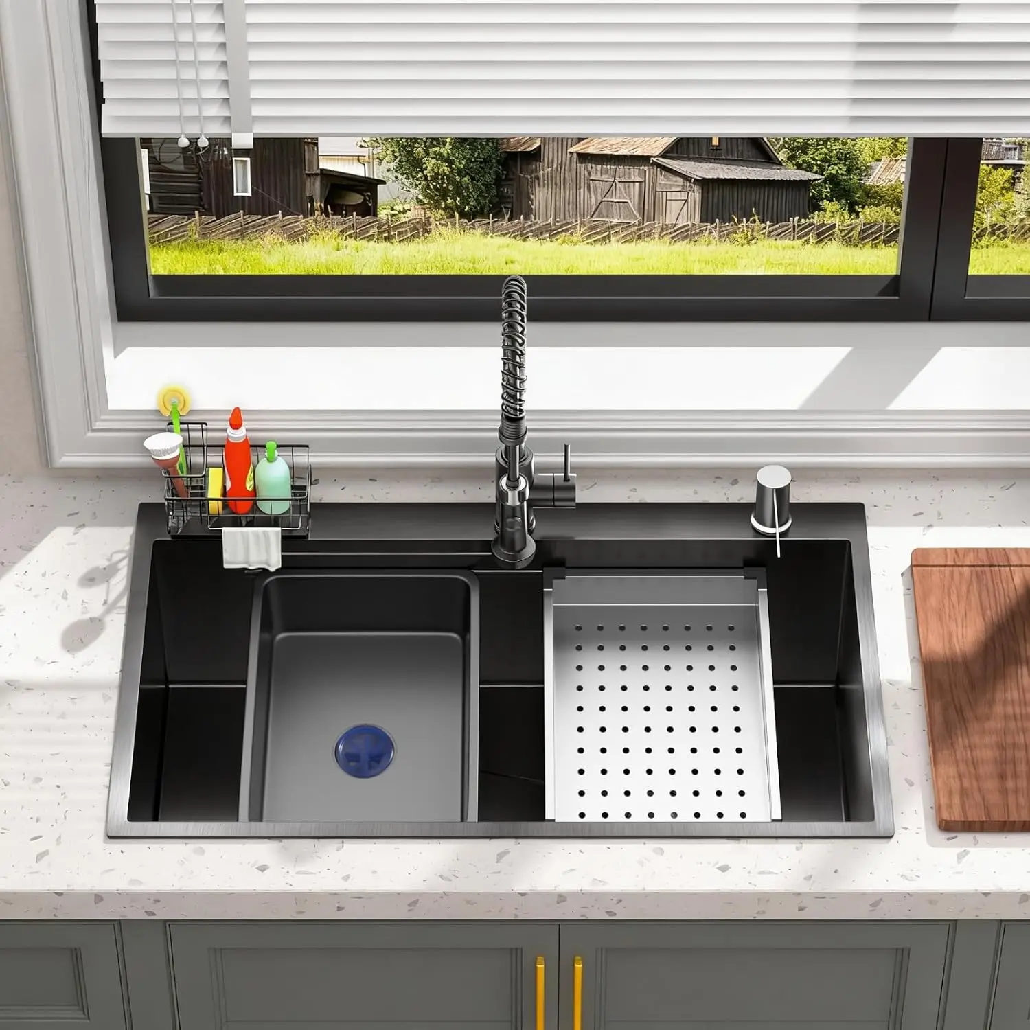 30-Inch Drop In Farmhouse Sink with Faucet & Accessories, Black