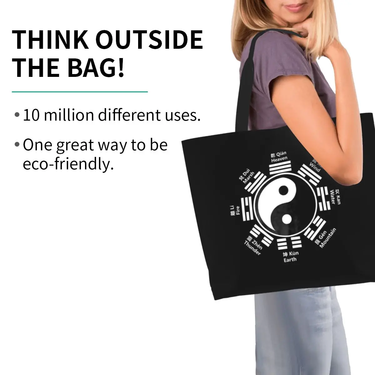 يين يانغ رمز تاي تشي باغوا فنغ شوي هدية الصينية زن الأساسية حقيبة تسوق حقيبة قماش حقيبة كتف المتسوق البقالة حقيبة يد