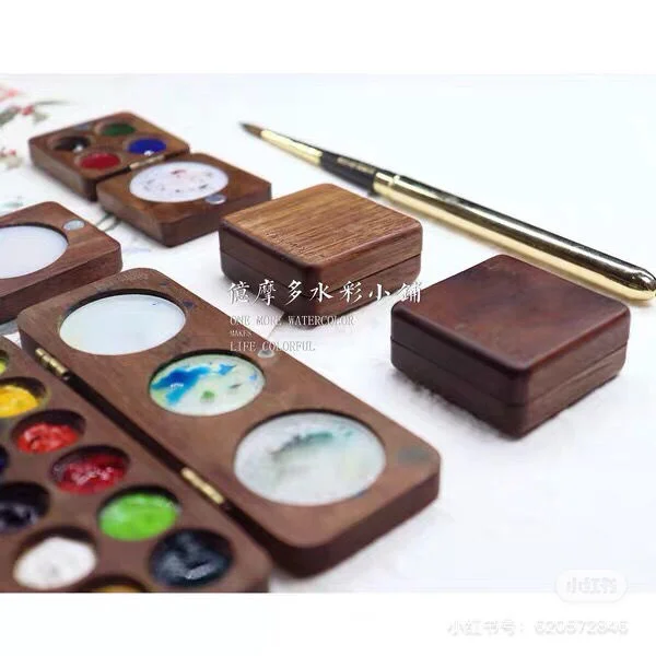 Pure Handmade Creative  Ins Style Wood Watercolor Box Mini Walnut Paint Box Crafts