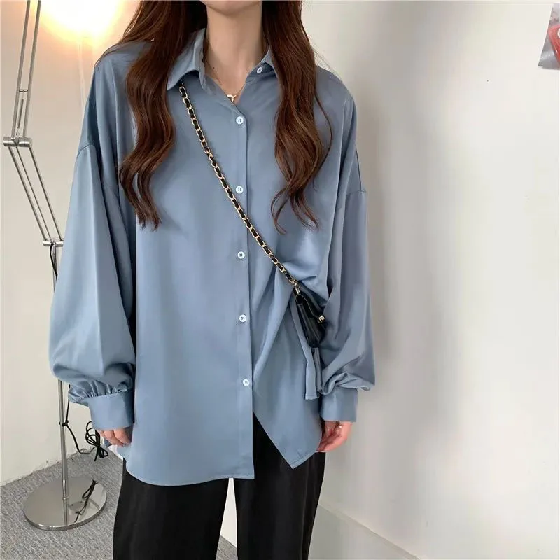 Autumn 2024 New Long Sleeve Shirt Women Vintage Streetwear Loose Single-breasted Blouse Woman Casual All-match Lapel Shirts Tops