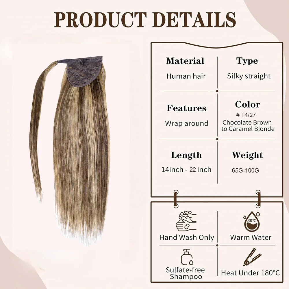 Ponytail Hair Extensions Human Hair Magic Paste Invisible Ponytail Hair 14-22Inch #4/27 Dark Brown Highlight Caramel Blonde