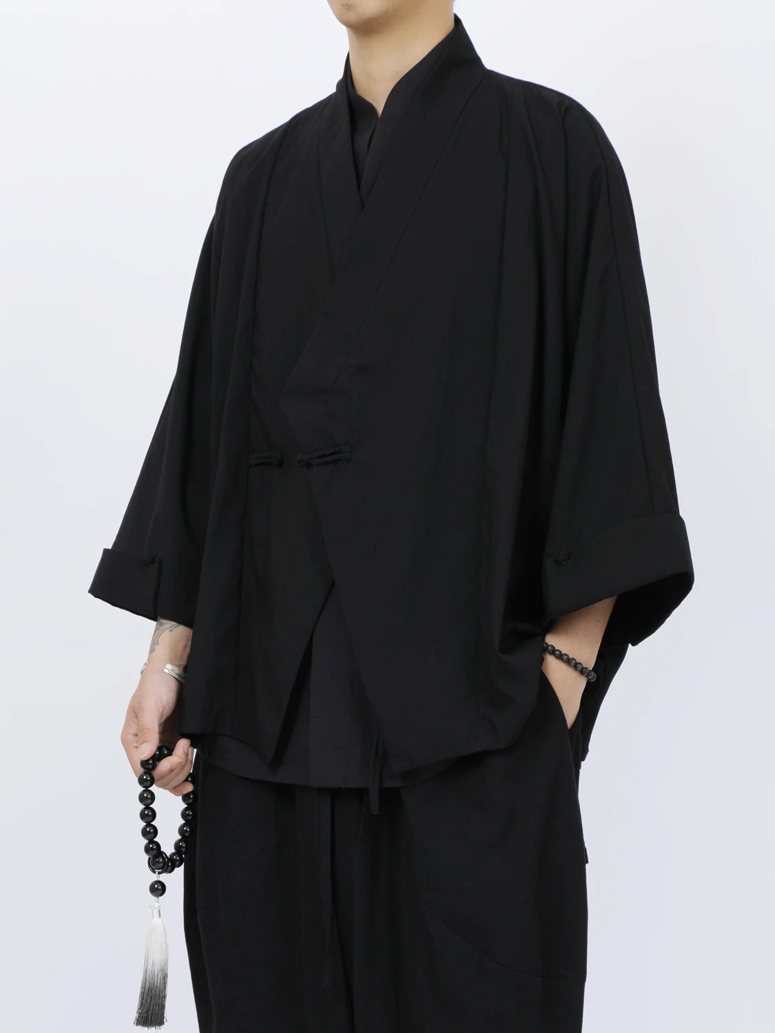 chemise-hanfu-de-couleur-foncee-style-zen-veste-courte-vetements-traditionnels-chinois-manches-trois-quarts-vetements-d'exterieur-decontractes-pour-les-jeunes
