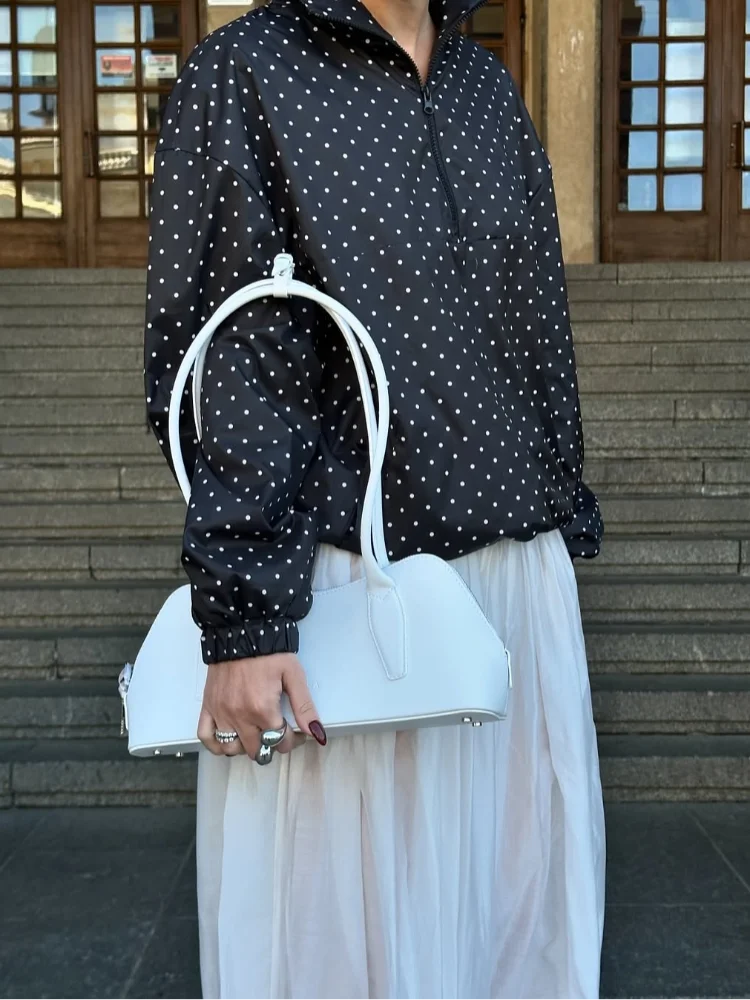 

Women's Casual Polka Dot Printed Zipper Jacket Fashion Full Sleeves High Collar Loose Coat 2025 New Autumn Lady Commute Outwear