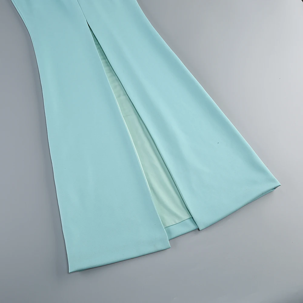 Glamorous Long - Sleeve Black Aquamarine Cutout Evening Gown Square Collar Folds Design Formal Dinners Long Dress