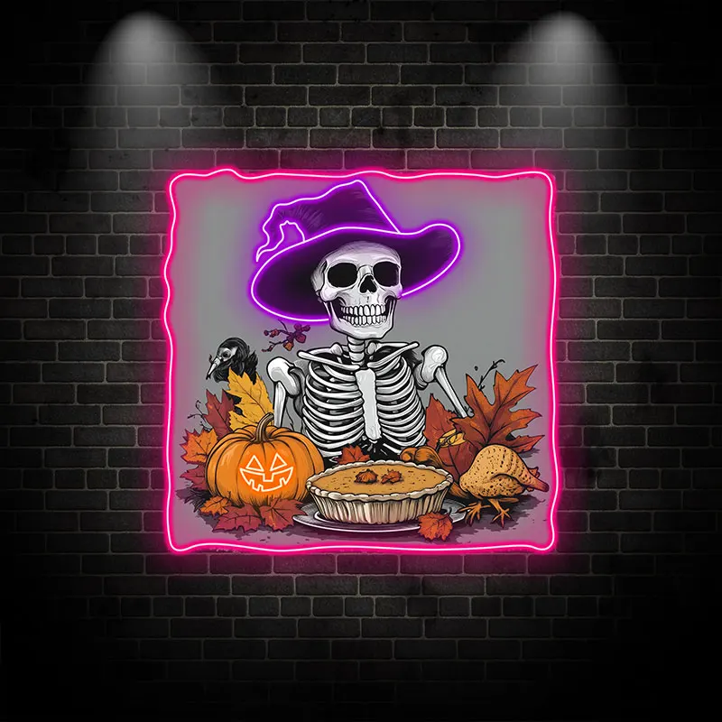 Thanksgiving Skeleton Feast Neon Light – Skeleton with Pumpkin & Pie, Bold Neon Art for a Fun Twist on Fall & Thanksgiving Decor