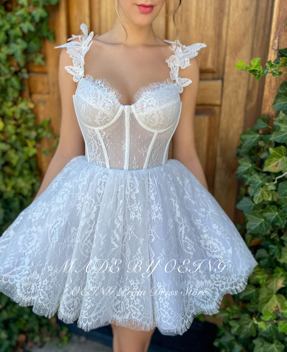 OEING Mini A-line Wedding Party Dresses White Butterfly Spaghetti Straps Prom Dress Lace Up Back Bride Dress Vestidos De Gala