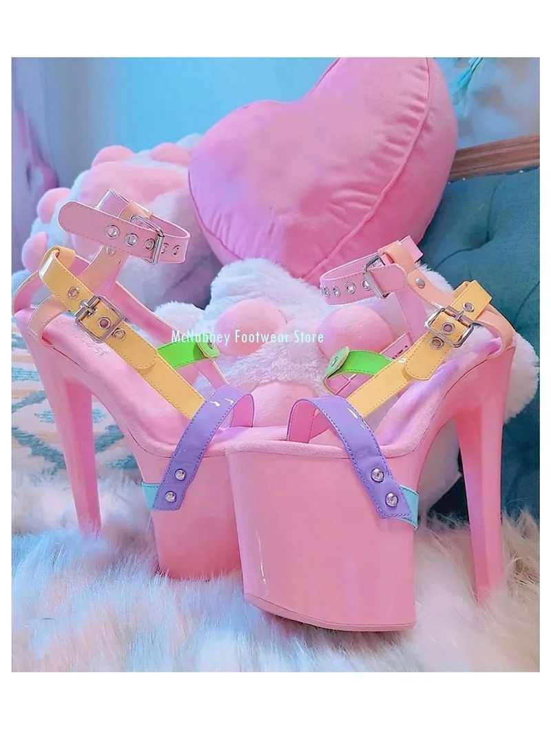 Pink Round Head Waterproof Platform Stilettos Sandals Color Thin Strap Combination Lolita Sandals Manual Luxurious Women'sshoes