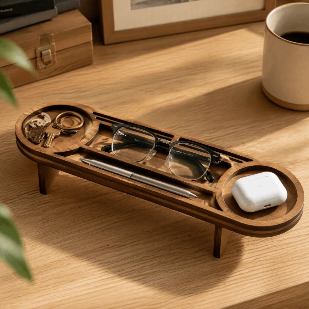 Brown Wooden Desk Organizer Multi-Compartment Phone Stand Desktop Sundries Organizer Cup Holder Multi-Functional