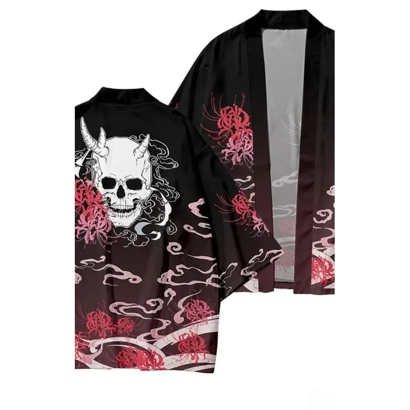 المألوف بنين بنات الأطفال الملابس التقليدية عارضة الأسود الجمجمة طباعة كيمونو شاطئ الشارع الملابس كيمونو سترة