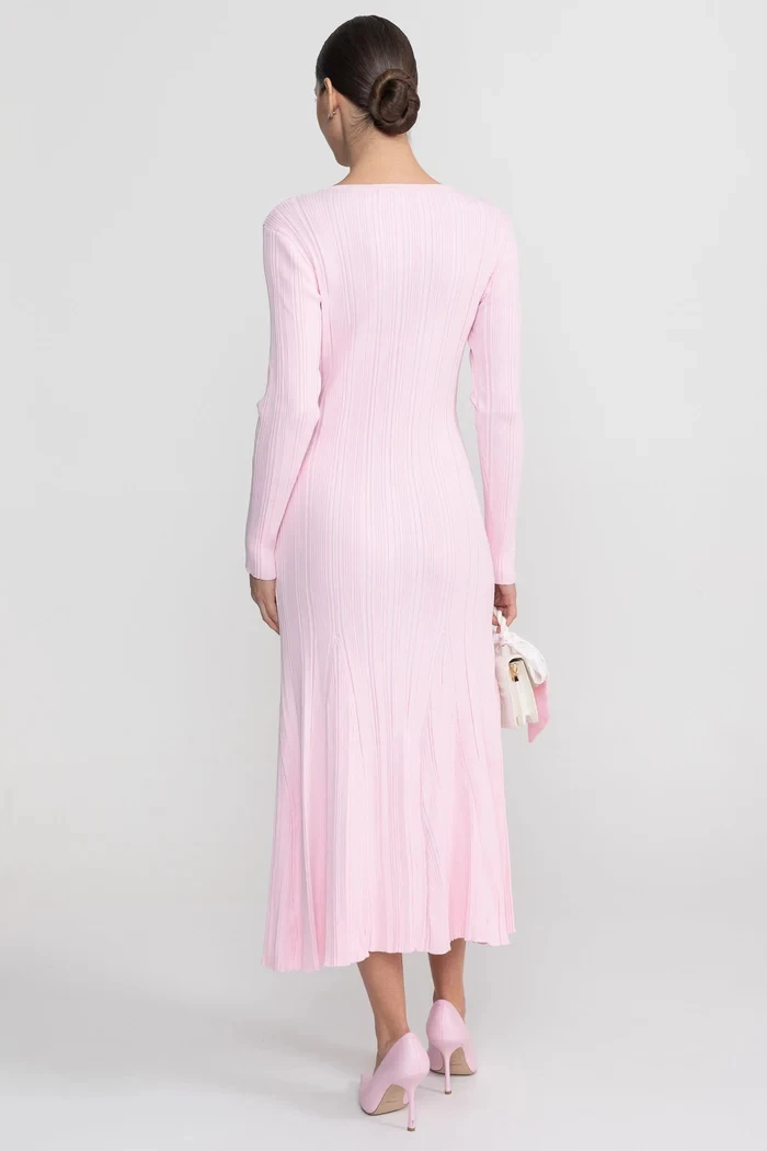 Women's Pink Deep V-neck Long Sleeve Prom Dresses with Fashion Button A-line Ankle Length Evening Gowns Customized Party Dress