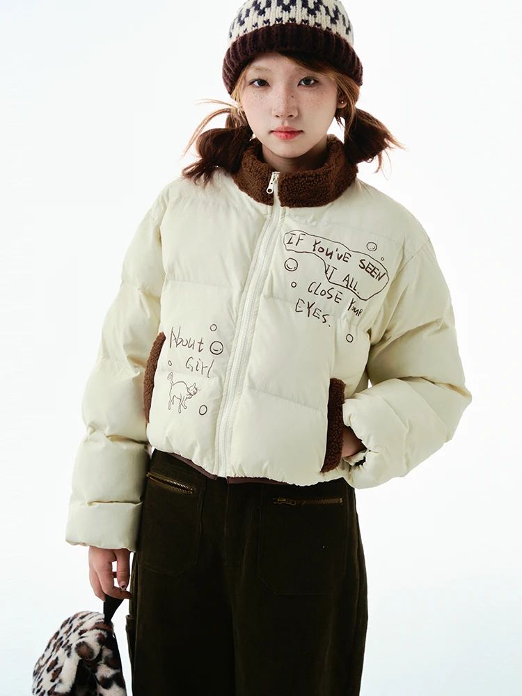 

Autumn Winter ort Plaid Lamb Fur Printed Stand Collar Y2K Bread Puffy Cotton Jaet Women's Sweet Slim Fit Thiened Long S...