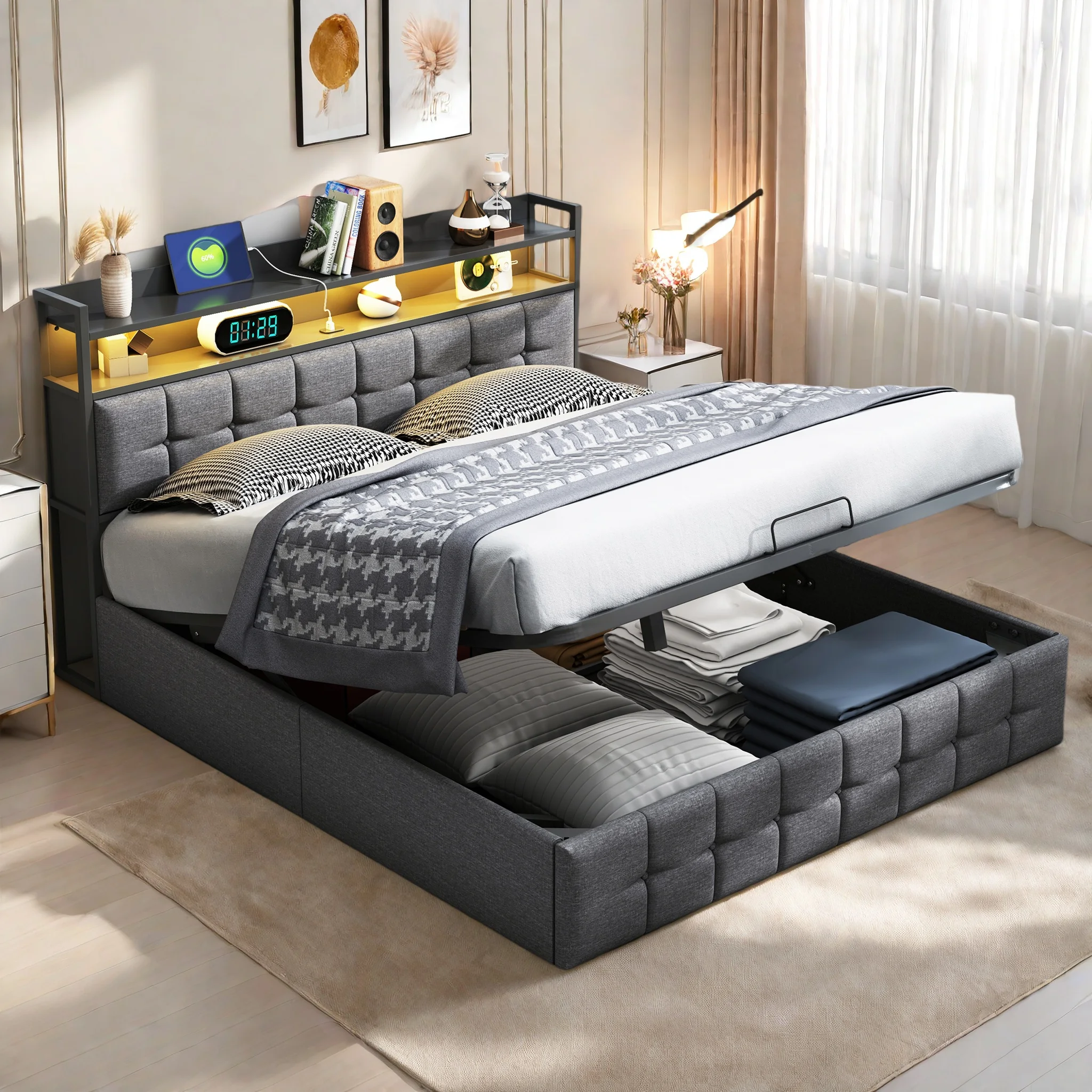 Lit rembourré Rosahqnda, lit hydraulique, lit double moderne, tête de lit avec LED et USB, 140/160 x 190/200 cm sans matelas