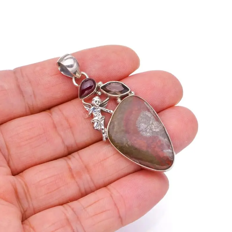 

StarGems Natural Ocean Jasper&Smoky Quartz And Amethyst Angle Handmade 925 Sterling Silver Pendant 2 1/4" F6600