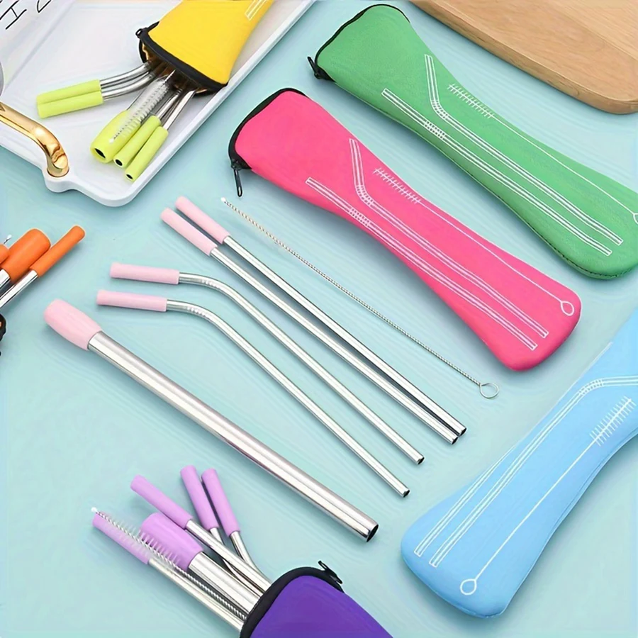 stainless steel straw set Coffee milk tea juice straw Straight pipe elbow pipe with cleaning brush and storage bag