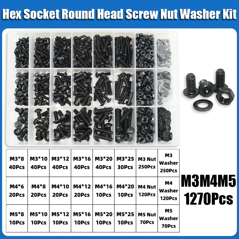 2510p Hex Hexagon Socket Bolkopschroef Kit M2 M2.5 M3 M4 M5 M6 Zwart 10.9 Kwaliteit Inbusschroeven Bouten met Moeren Ring ISO7380