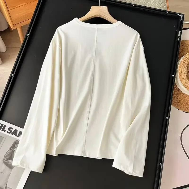 Women's 2023 Fashion Casual Round Neck Long Sleeve T-shirt Black and White T-shirt Street Clothes Ladies Solid Color Top