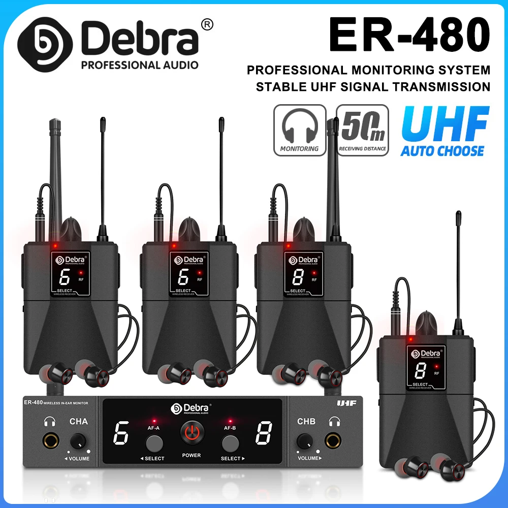 ER-480 Professional Stage Wireless In-Ear Monitor System, UHF 16-band Adjustable with Multiple Receivers, for Churches, Weddings