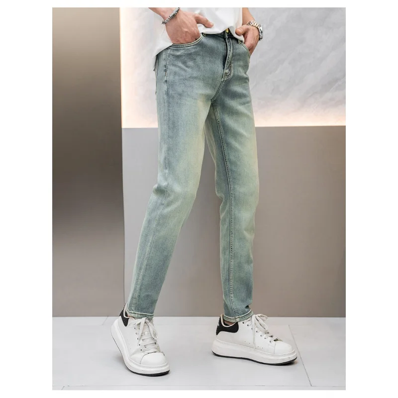 2024 retro blue green high-end jeans men's light luxury casual versatile Korean style slim-fitting small straight stretch long