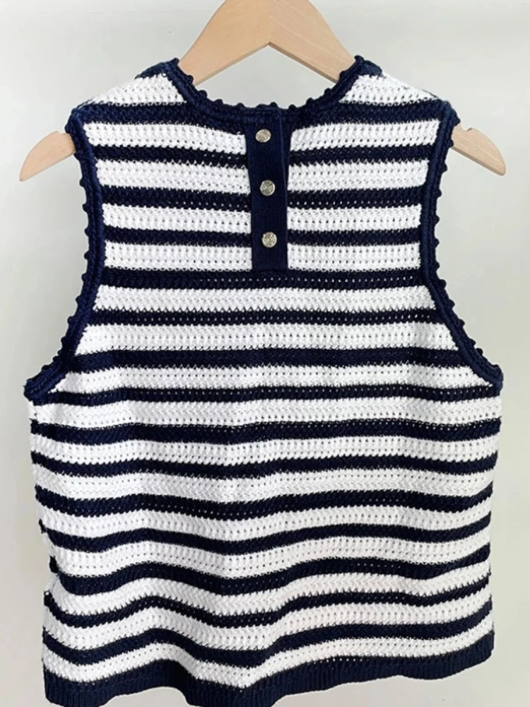 

Retro O-Neck Stripe Knitted Waistcoat Women Spring Summer Korean Fashion Short Sleeve Sweaters Casual Simple Pullover Vest